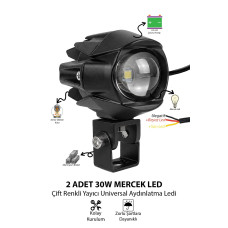Motosiklet Sis Farı 30W Mercekli Beyaz-Sarı LED 2 ADET Metal Gövde Alüminyum Montaj Braketli