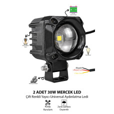2 Adet 30W Tek Mercekli Motosiklet Sis Lambası Çift Renkli Beyaz Sarı 12V-24V Demir Döküm Siyah