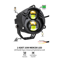 2 Adet 25W Çift Mercekli Motosiklet Sis Lambası Çift Renkli Beyaz ve Sarı 12V-24V Döküm Gövde