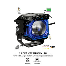 2 Adet 20W Çift Mercekli Angelli Motosiklet Sis Lambası Çift Renkli Beyaz Sarı ve Çakarlı 12V-24V Döküm Gövde Mavi