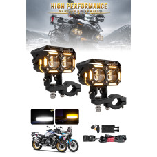 LED DRL Sinyalli Motosiklet Sis Farı Çakarlı Çift Renk 4 Modlu Delici Yüksek Performans Set