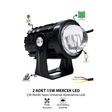 2 Adet 15W Mini Mercekli Motosiklet Sis Lambası Çift Renkli Beyaz ve Sarı 12V-24V Döküm Gövde