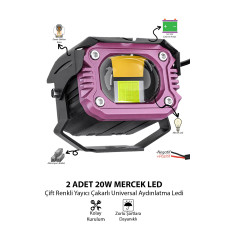 2 Adet 20W Mercekli Motosiklet Sis Lambası Çift Renkli Beyaz Sarı ve Çakarlı 12V-24V Demir Döküm Gövde