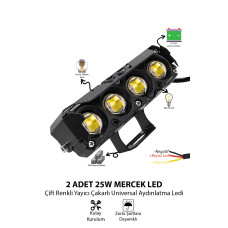 2 Adet 25W 4 Mercekli Motosiklet Sis Lambası Çift Renkli Beyaz Sarı 12V-24V Demir Döküm Siyah