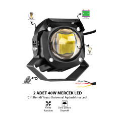 2 Adet 40W Mercekli Motosiklet Sis Lambası Çift Renkli Beyaz Sarı 12V-24V Demir Döküm Siyah