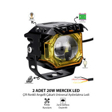 2 Adet 20W Çift Mercekli Angelli Motosiklet Sis Lambası Çift Renkli Beyaz Sarı ve Çakarlı 12V-24V Döküm Gövde Sarı